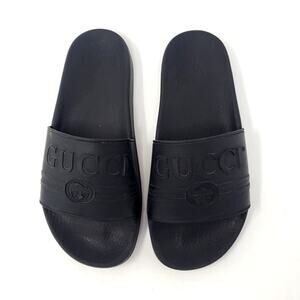Gucci Womens Logo Rubber Slides Sandals Slip On Black Italy Size 38 / US 8